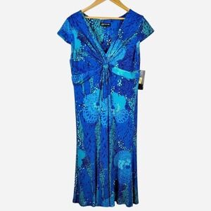 Jones New York NWT Tie Front Peacock Blue Midi‎ Dress l Size 16